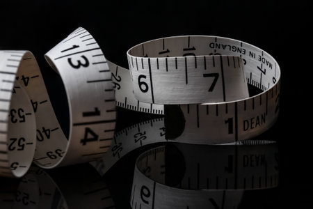 Dean measurement tape measure for tailor or seamstress coiled up on a reflective back surface in dramatic lighting. textiles industry clothing sizeの写真素材