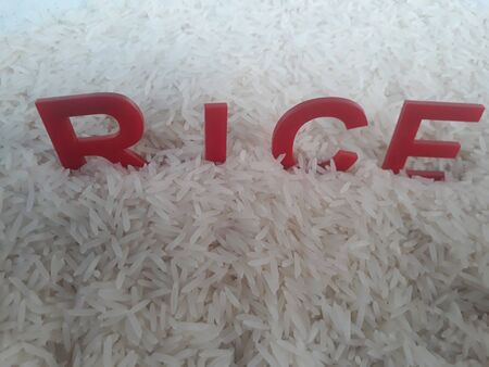 White natural long rice with textの写真素材