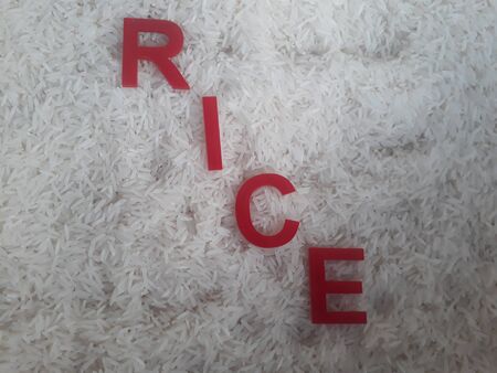 White natural long rice with textの写真素材