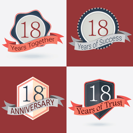 18th Anniversary   18 years together   18 years of Success   18 years of trust - Set of Retro vector Stamps and Sealのイラスト素材