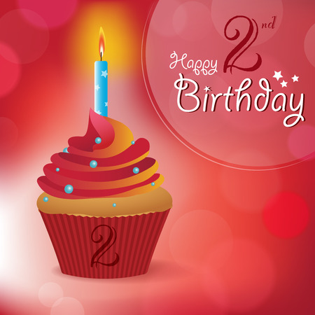 Happy 2nd Birthday greeting  invitation  message - Bokeh Vector Background with a candle on a cupcakeのイラスト素材