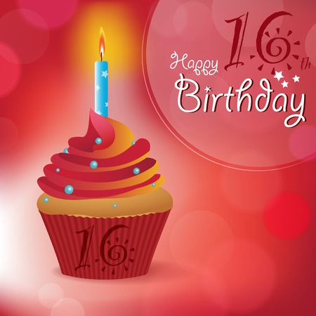 Happy 16th Birthday greeting  invitation  message - Bokeh Vector Background with a candle on a cupcakeのイラスト素材