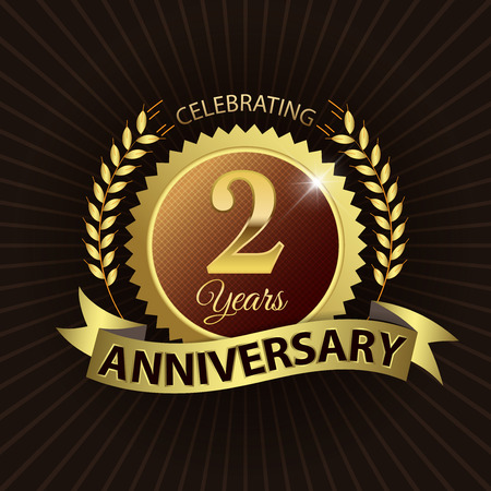 Celebrating 2 Years Anniversary - Golden Laurel Wreath Seal with Golden Ribbon - Layered EPS 10 Vectorのイラスト素材