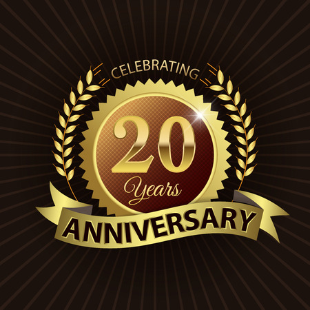 Celebrating 20 Years Anniversary - Golden Laurel Wreath Seal with Golden Ribbon - Layered EPS 10 Vectorのイラスト素材