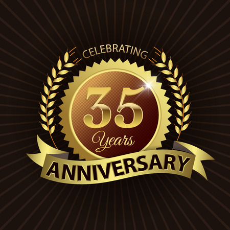 Celebrating 35 Years Anniversary - Golden Laurel Wreath Seal with Golden Ribbon - Layered EPS 10 Vectorのイラスト素材