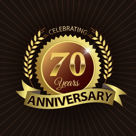 Celebrating 70 Years Anniversary - Golden Laurel Wreath Seal with Golden Ribbonのイラスト素材
