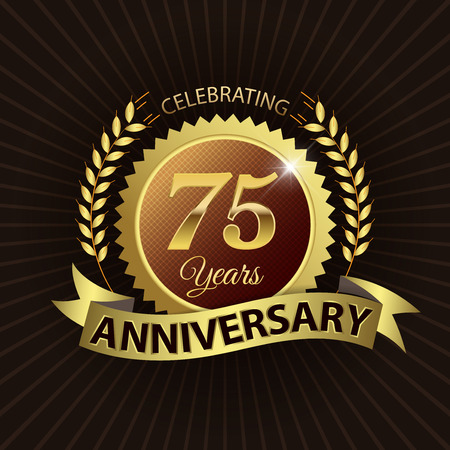Celebrating 75 Years Anniversary - Golden Laurel Wreath Seal with Golden Ribbonのイラスト素材