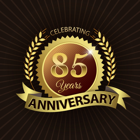 Celebrating 85 Years Anniversary - Golden Laurel Wreath Seal with Golden Ribbonのイラスト素材
