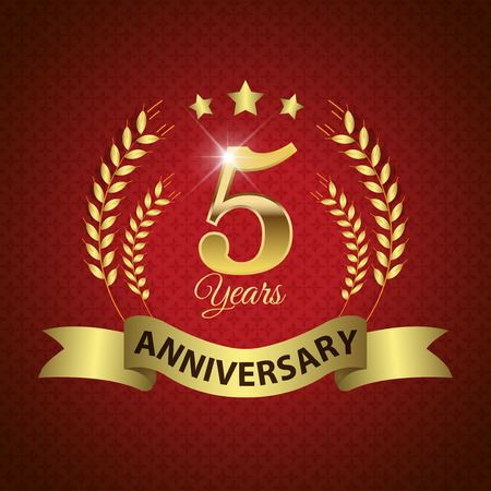 Celebrating 5 Years Anniversary - Golden Laurel Wreath Seal with Golden Ribbon - Layered EPS 10 Vectorのイラスト素材