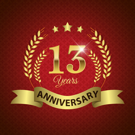 Celebrating 13 Years Anniversary - Golden Laurel Wreath Seal with Golden Ribbon - Layered EPS 10 Vectorのイラスト素材