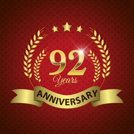 Celebrating 92 Years Anniversary - Golden Laurel Wreath Seal with Golden Ribbon - Layered EPS 10 Vectorのイラスト素材