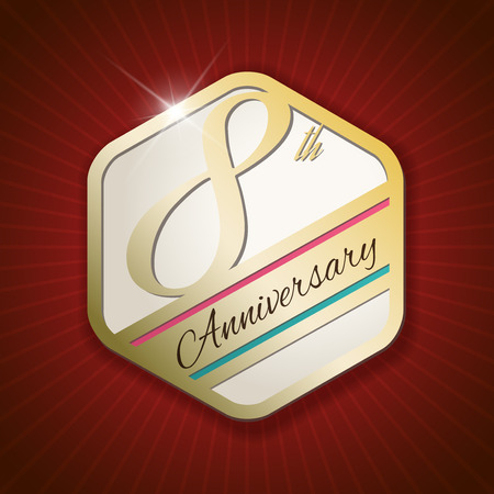 8th Anniversary - Classy and Modern golden emblem / Seal / Badge - vector illustration on read rays backgroundのイラスト素材