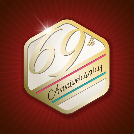 69th Anniversary - Classy and Modern golden emblem / Seal / Badge - vector illustration on read rays backgroundのイラスト素材