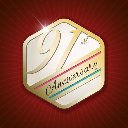 91st Anniversary - Classy and Modern golden emblem / Seal / Badge - vector illustration on read rays backgroundのイラスト素材