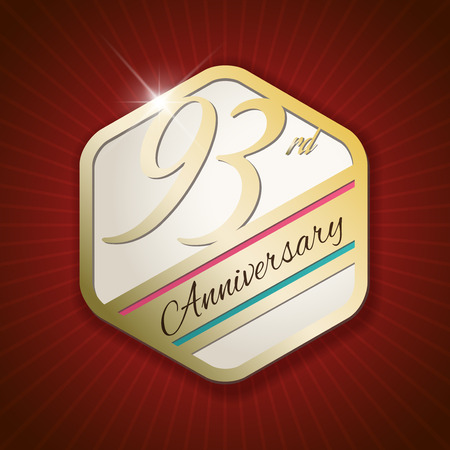 93rd Anniversary - Classy and Modern golden emblem / Seal / Badge - vector illustration on read rays backgroundのイラスト素材