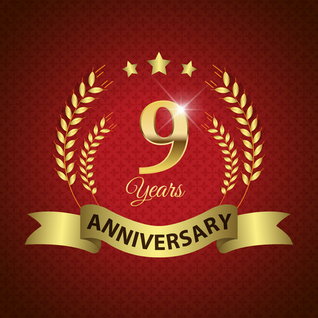 Celebrating 9 Years Anniversary - Golden Laurel Wreath Seal with Golden Ribbonのイラスト素材