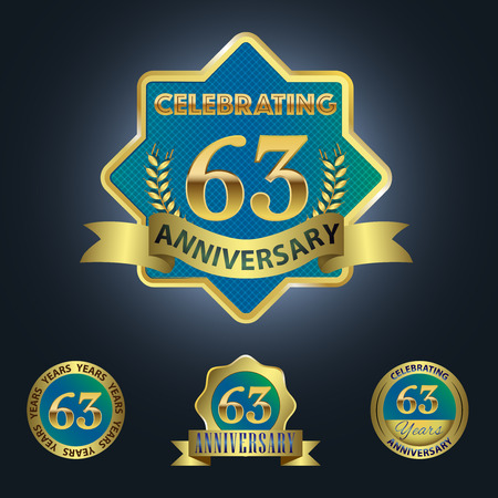 Celebrating 63 Years Anniversary - Blue seal with golden ribbonのイラスト素材