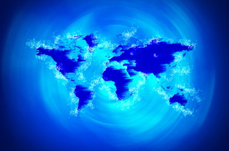 world map on blue vibrant background with tsunami in the seaの写真素材