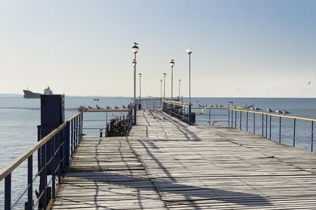 the wooden pier acting in the sea, seagulls and the big ship on a backgroundの写真素材