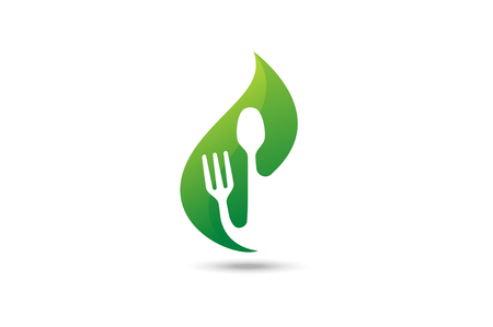 green food logo. leaf with fork and spoon symbol. organic food icon illustrationのイラスト素材