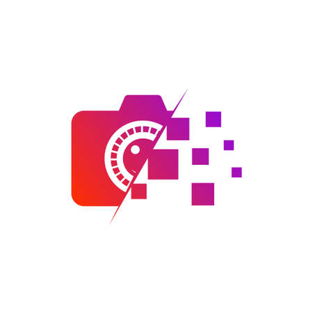 camera vector illustration. good for camera icon, photography, or videography industry. simple gradient with blue and red color styleのイラスト素材