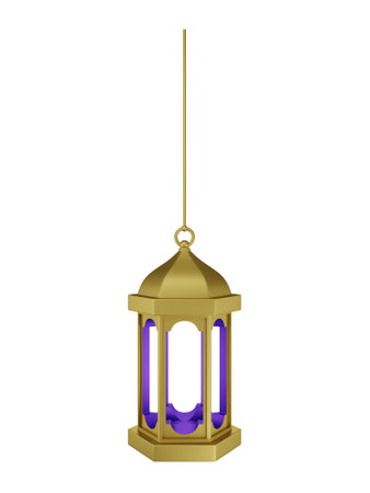 Hanging Gold Purple Islamic Lantern 3D Illustration Isolated in White Background