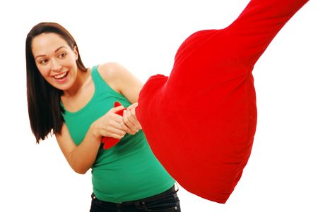Woman pulling a tug of loveの写真素材