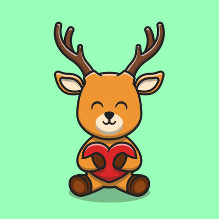 Cute deer hugging love heart cartoon icon illustration. Animal nature icon concept isolated premium vector. Flat cartoon styleのイラスト素材