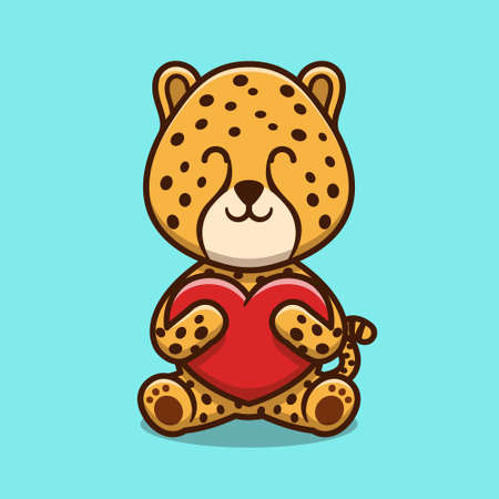 Cute cheetah hugging love heart cartoon icon illustration. Animal nature icon concept isolated premium vector. Flat cartoon styleのイラスト素材