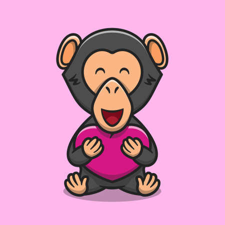 Cute chimpanzee hugging love heart cartoon icon illustration. Animal nature icon concept isolated premium vector. Flat cartoon styleのイラスト素材