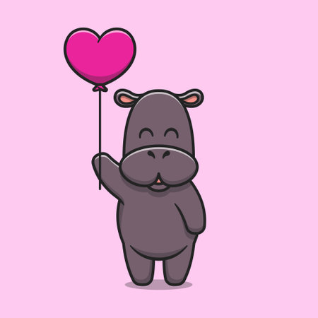 Cute hippopotamus holding love balloon cartoon icon illustration. Animal nature icon concept isolated premium vector. Flat cartoon styleのイラスト素材