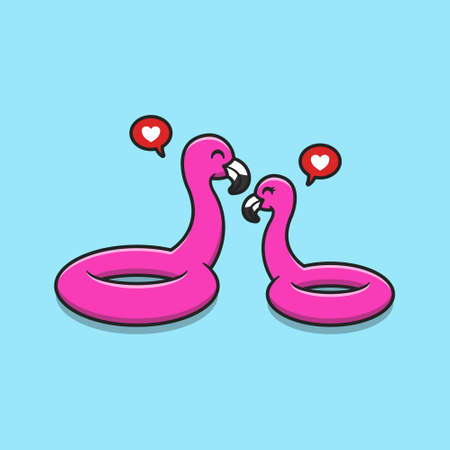 a pair of cute inflatable flamingo balloons floating on the waterのイラスト素材