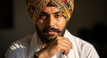 A Sikh man in a striking close-up portrait, wearing a beautifully ornate and colorful turban with intricate gold embroidery.の素材