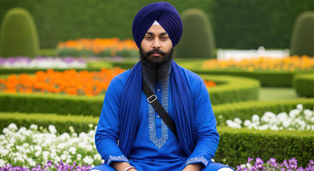 A Sikh man with a dark blue turban and a long, full beard is seated in a meditative pose amidst a vibrant and meticulously manicured formal garden.の素材
