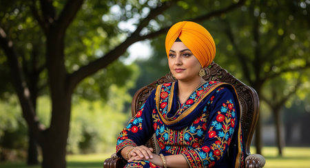 Beautiful Sikh woman in traditional clothing and turban sitting in the parkの素材