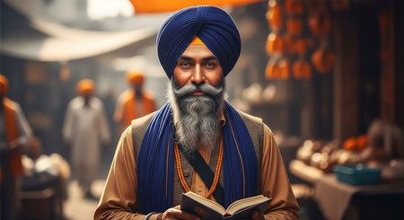 An elderly Sikh man with a long grey beard and a navy blue turban is depicted in a moment of quiet contemplation, while reading a bookの素材