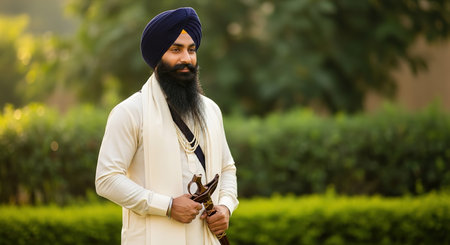 A distinguished Sikh man, dressed in a light-colored, traditional outfit, with a full beard and a dark blue turban, stands outdoors holding a ceremonial sword (kirpan).の素材