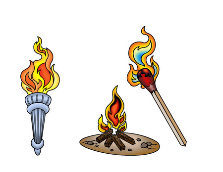 defferent types of fire, torch, camp-fire, and match-stickのイラスト素材