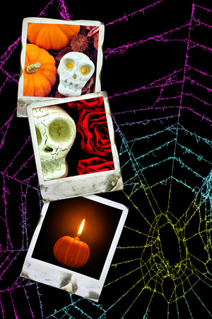 Spider web background and Halloween ghost photo.の写真素材