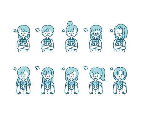 Emotional expression illustrations of various female students in winter uniforms (upper body)のイラスト素材