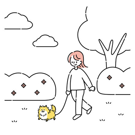 Woman walking in park with dogのイラスト素材