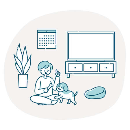Man playing with dog in living roomのイラスト素材