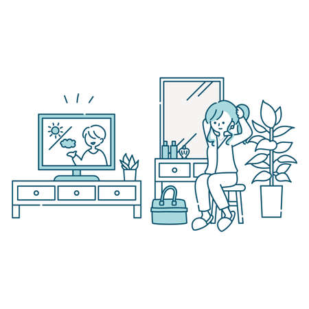 A woman grooming herself while watching TV.のイラスト素材