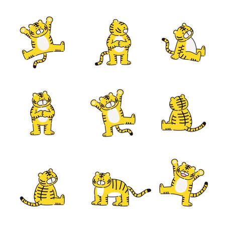 Illustration set of tigers in various posesのイラスト素材