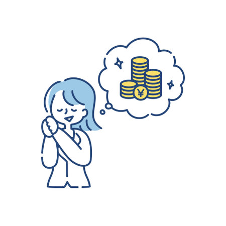 Clip art of a woman who is thinking about increasing her money through asset management (Japanese Yen)のイラスト素材