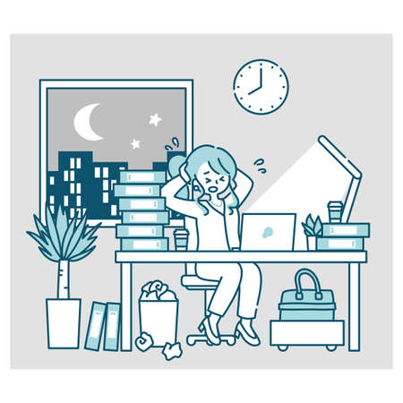 This is an illustration of a day in the life of a woman working in an office. There are variations for morning, noon, evening, and night, and a set of four illustrations.のイラスト素材