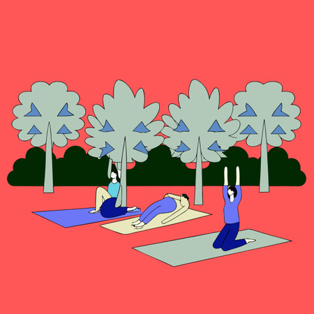 People doing yoga in the park. Vector illustration in flat style.のイラスト素材