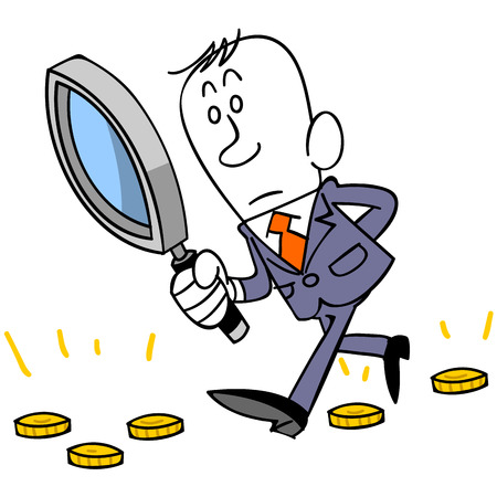 Magnifying glass and coins and businessmanのイラスト素材