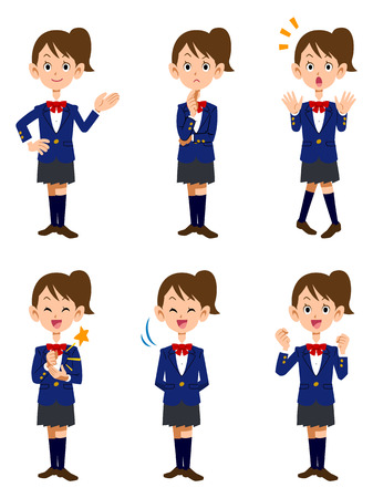 Female students and 6 different poses and facial expressionsのイラスト素材