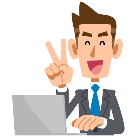 V sign to businessmen with laptopsのイラスト素材